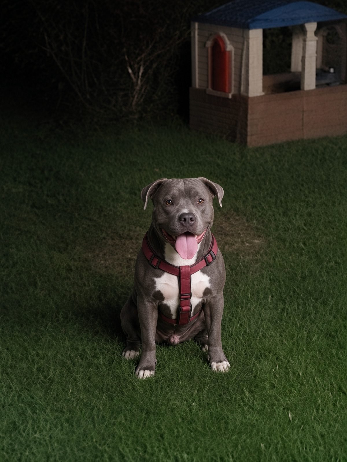 Dixie in her harness at night