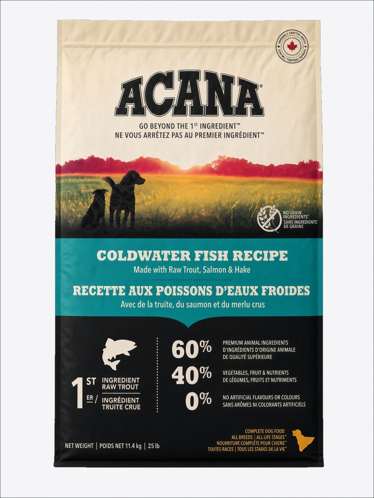 The bag of ACANA Coldwater Fish Recipe we feed