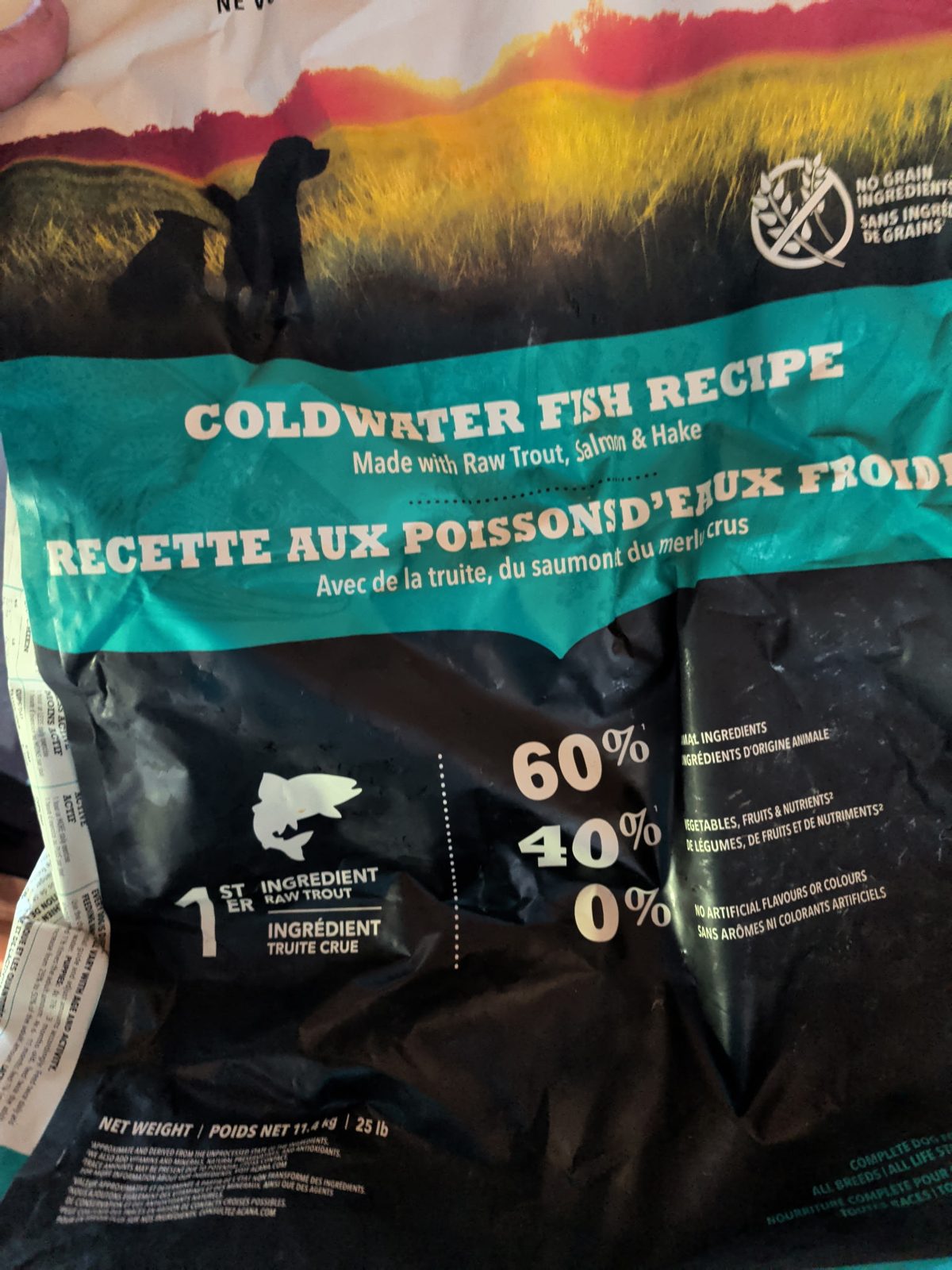 The bag of ACANA Coldwater Fish Recipe we feed