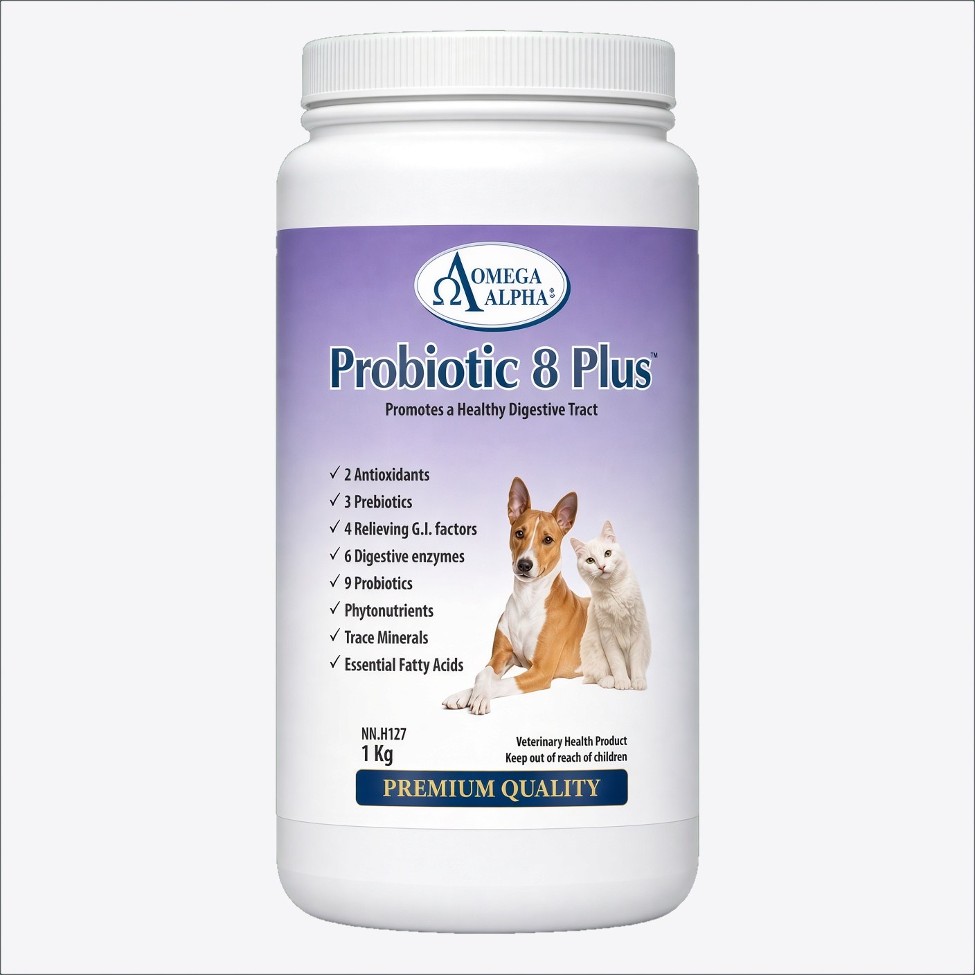 The tub of Omega Alpha Probiotic 8 Plus, 1 kg, we feed