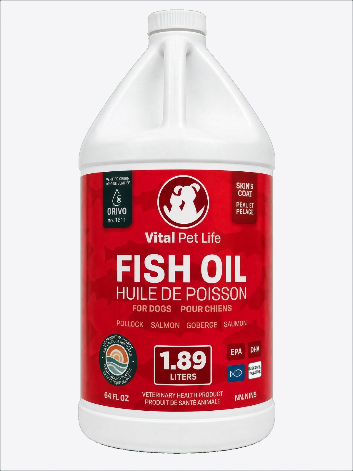 The bottle of Vital Pet Life Fish Oil for Dogs, 1.89 L, we feed